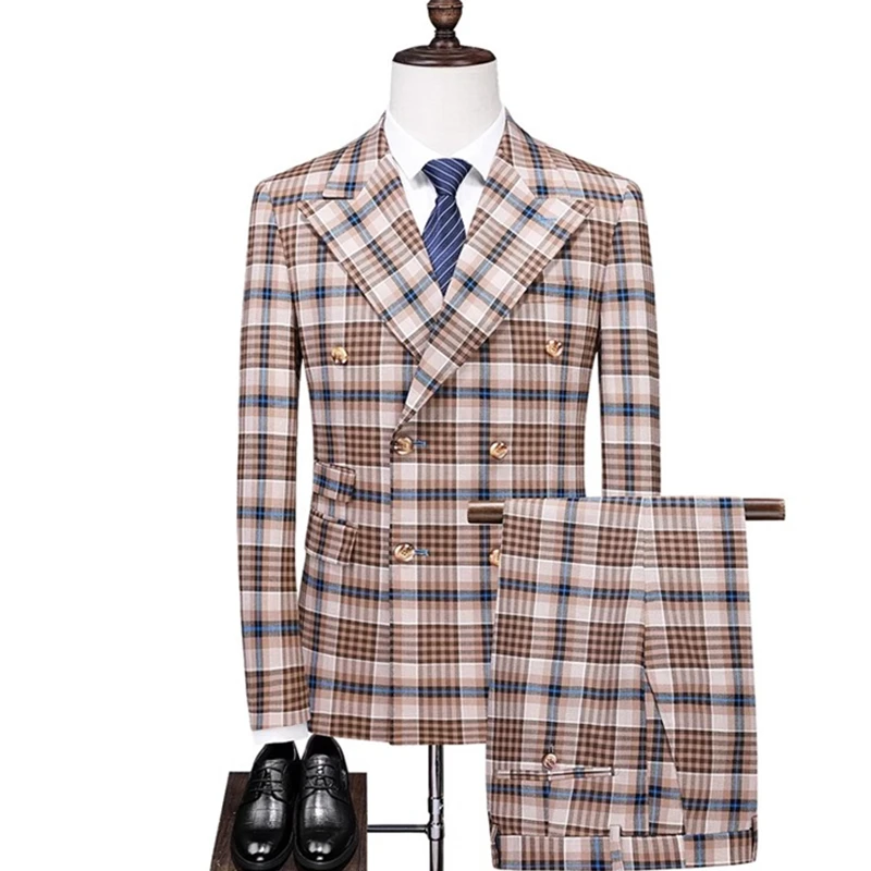 Moda nuovi uomini doppio petto Plaid vestito cappotto pantaloni 2 pezzi Set/maschio Slim Fit Business blazer giacca pantaloni