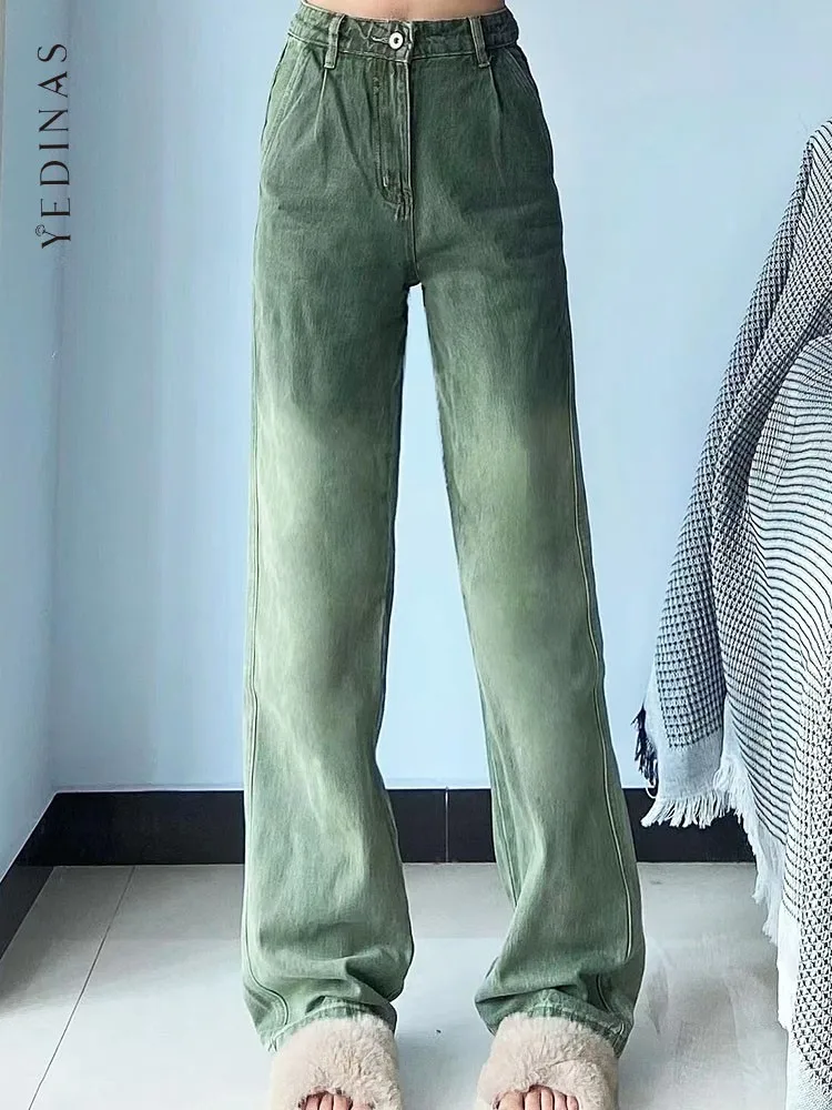 

Yedinas Gradient Boyfriend Jeans For Women 2022 Summer Denim Mom Jeans High Waist Wide Leg Pants Streetwear Korean Fashion Y2k