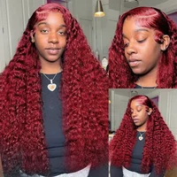 Perruques Lace Front 13x4 en cheveux humains, bouclées crépues, ondulations profondes, avec dentelle frontale HD, couleur bordeaux 99j (couleur vin rouge), pré-épilées, pour femmes 4