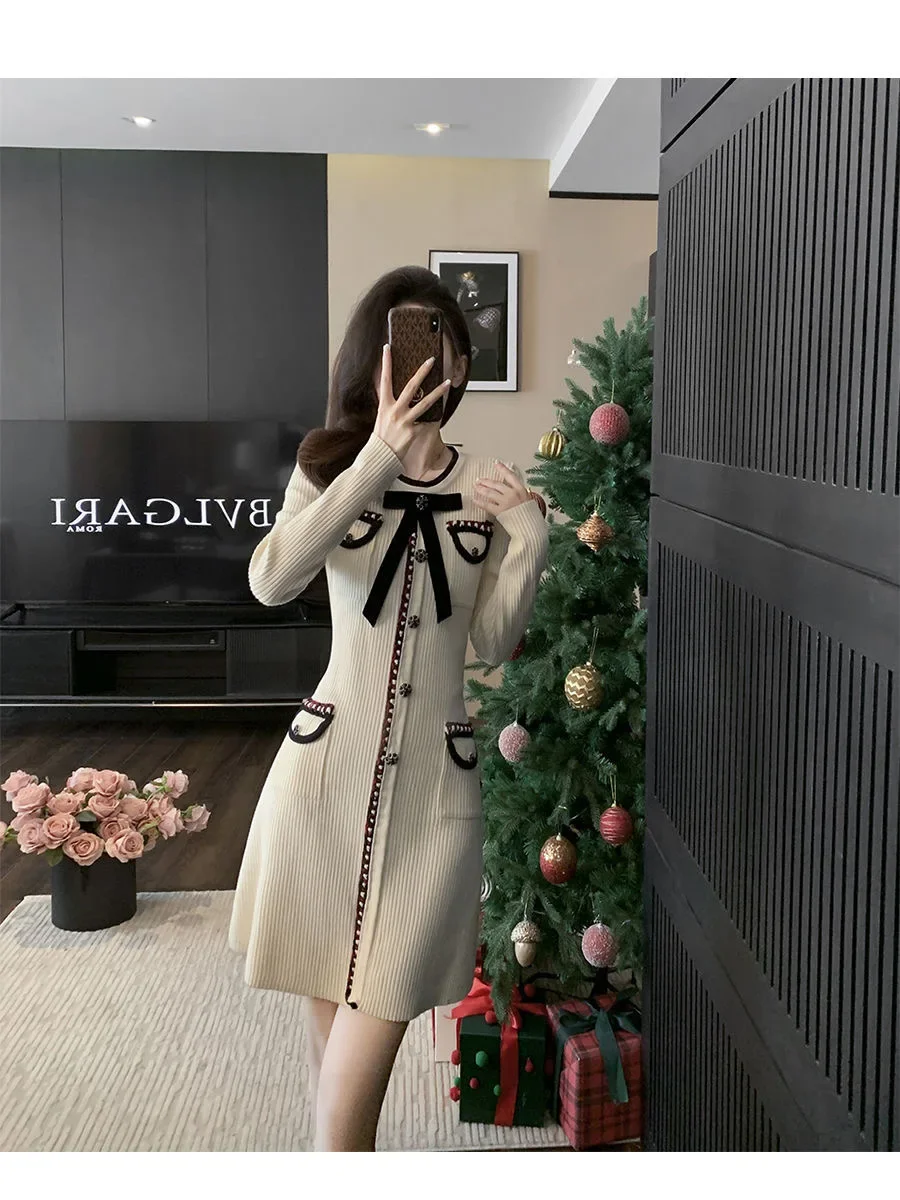 French style autumn and winter bow long sleeved knitted slim fit dress A-line skirt