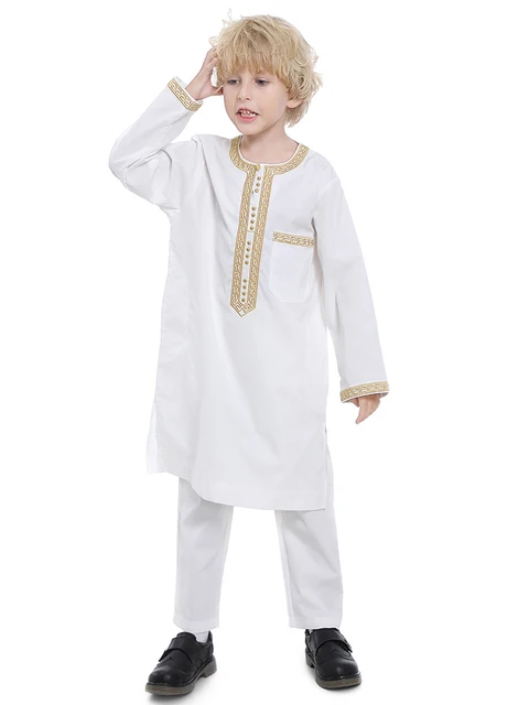 Saudi Arabia Children Robe Muslim Fashion Clothes Kids Qamis Boy Jubba Thobe 2 Piece Set