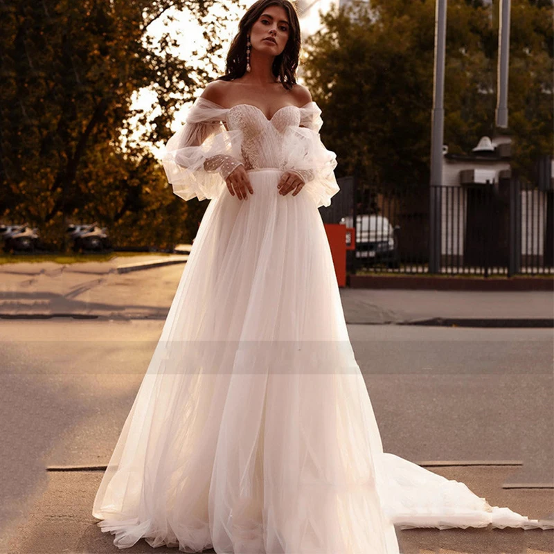 

Boho Wedding Dresses Bohemian Detachable Long Puff Sleeve Bride Dress Vintage Lace Beach Wedding Gowns Robe De Mariee Summer