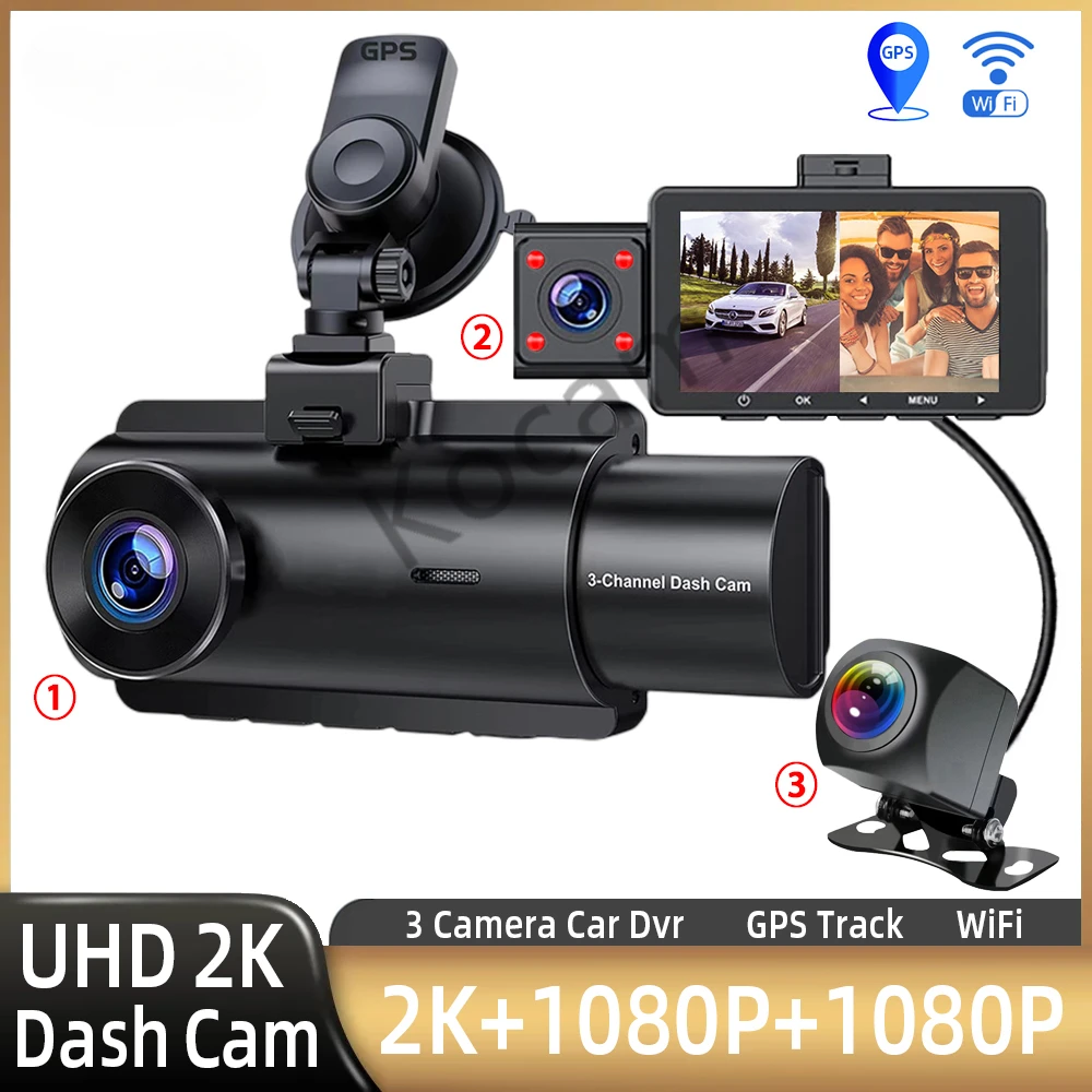 

Dual Channel Dash Cam com GPS, Frente, Dentro, Traseira, Câmera do carro, Visão Noturna, WiFi, Câmera IR, 3 Way, 2K, 1080P