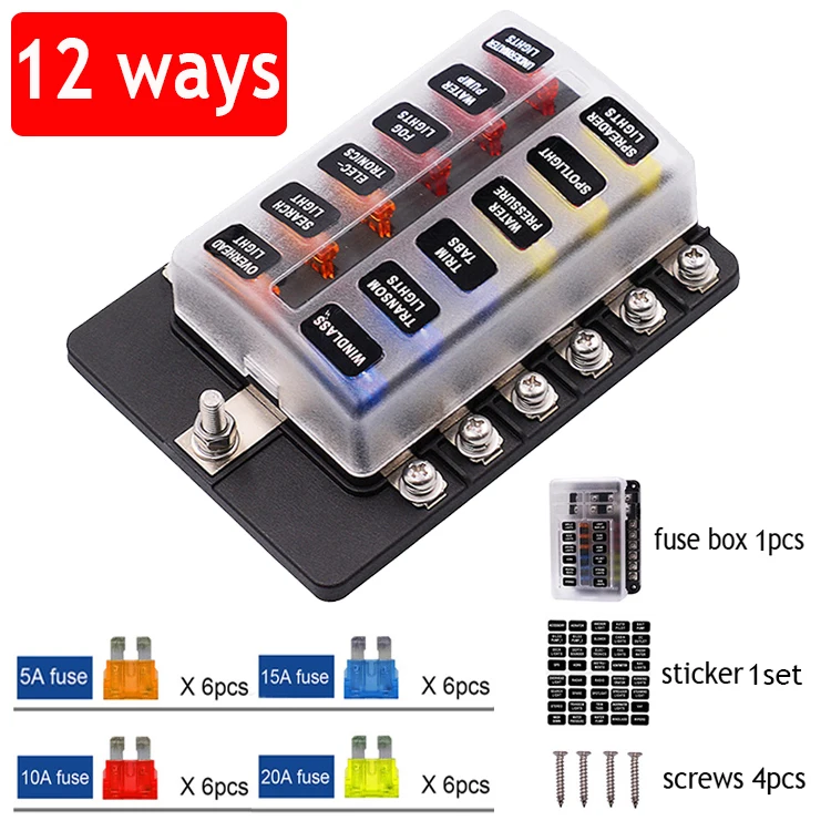 12V 24V Blade Fuse Box Holder 12/6 Ways Modified Fuse Box Terminal Block with LED Warning Light for Car Boat Marine Trike