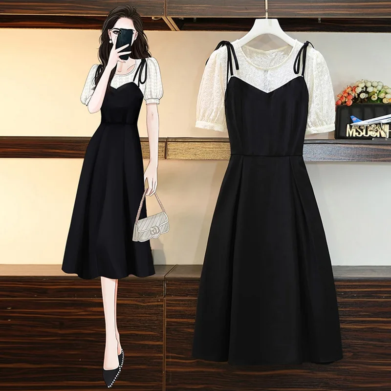 여성용 프렌치 가짜 투피스 원피스, 우아한 버블 슬리브, 스플라이싱 스몰 블랙 원피스, 헵번 스타일, 2024 여름 신상 
