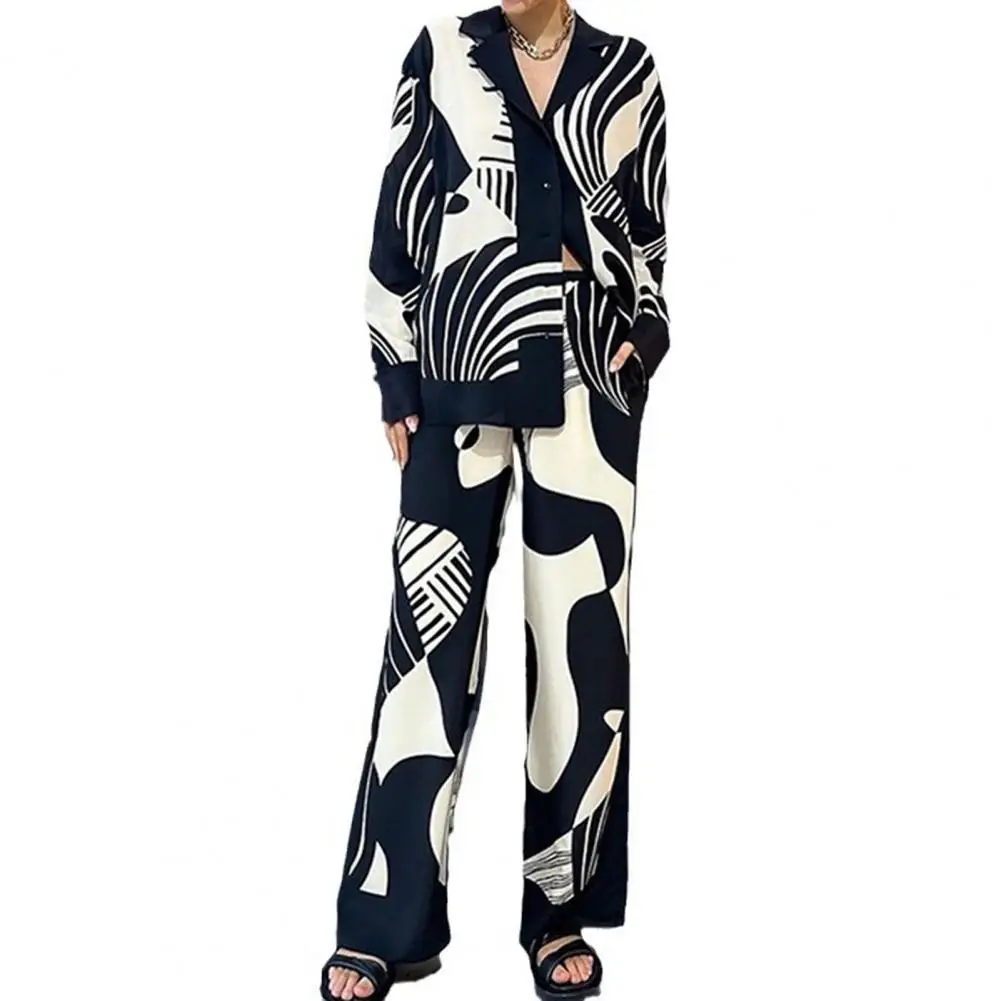 

Рубашка с отложным воротником и пуговицами, комплект стильных женских рубашек и брюк с отложным воротником контрастных цветов, Топ с длинным рукавом и широкие штанины для A