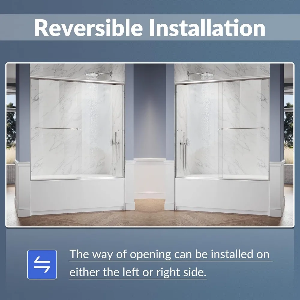 Bathtub Shower Door 60" W x 62" H Semi-Frameless Double Sliding Design Shower Tub Door 1/4" Clear Glass Panel, Chrome Finish 2