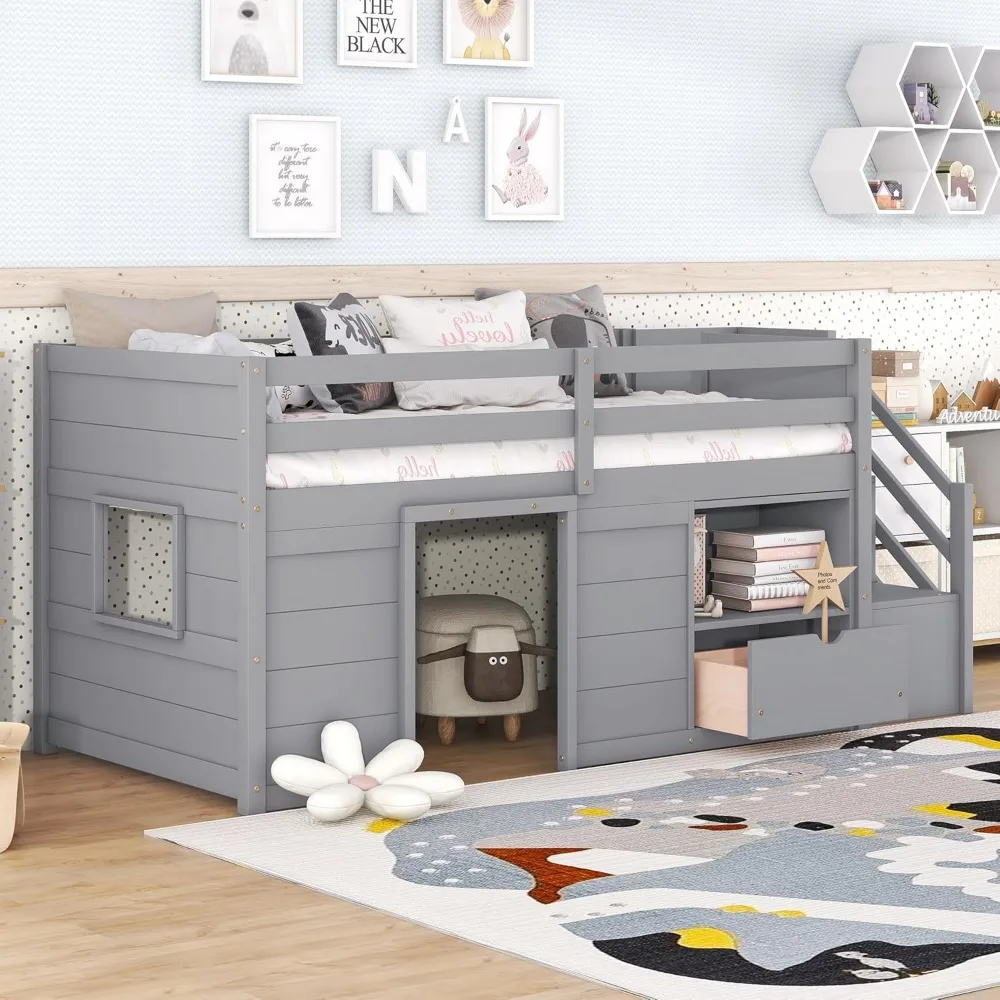 Children Beds, Twin Size Low Loft Bed for Kids, Wood Loft, Bed Is Made of Solid Pine, Particle Board, Plywood Side Rails 4