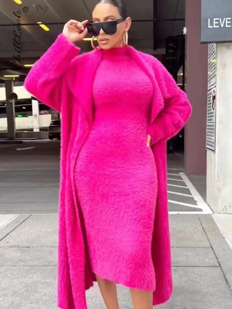 여성용 코랄 플리스 긴 가디건 드레스 2 피스 세트, 가을 전체 소매 라펠 코트 세트, 여성용 우아한 의상, 클리어런스 세일 벨트