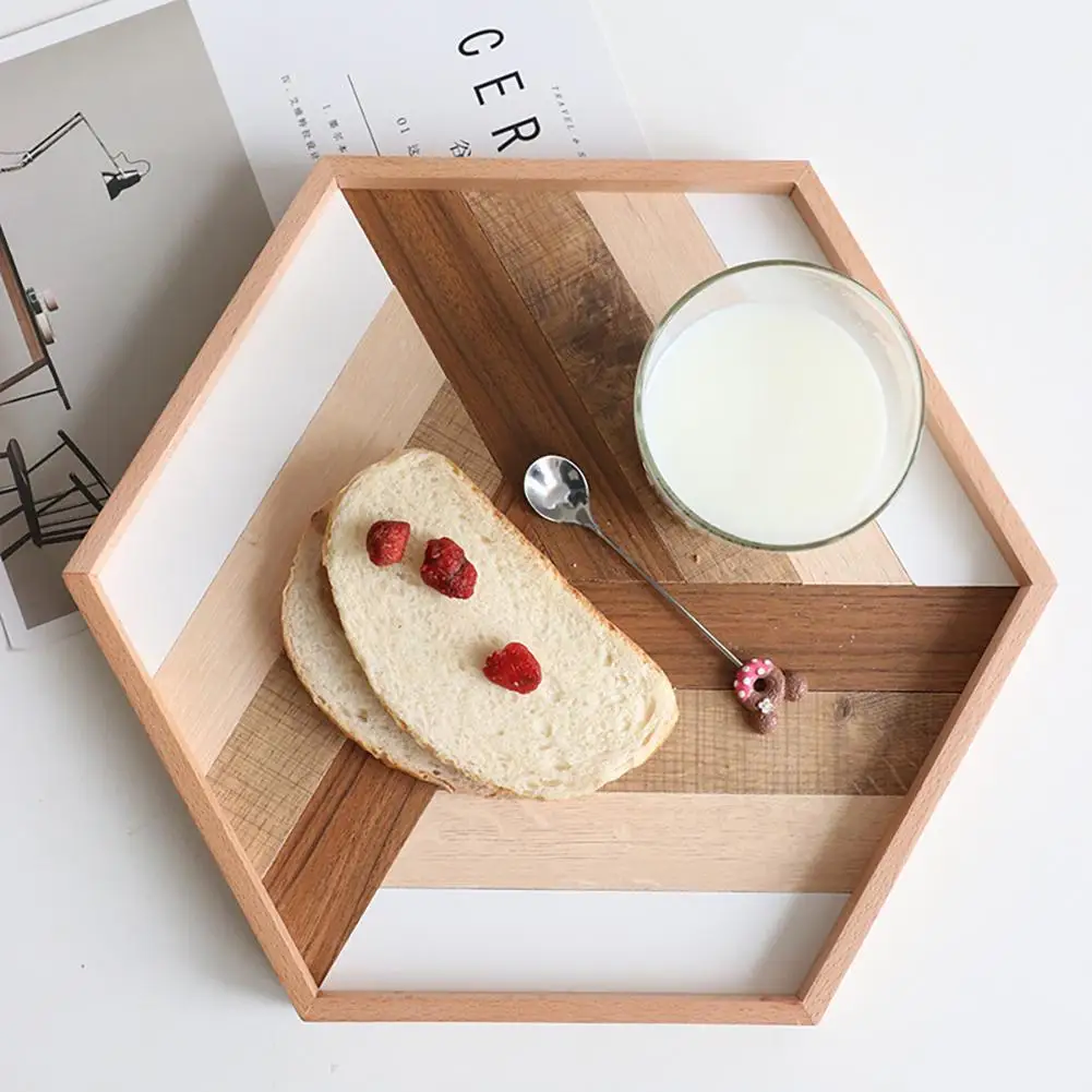 

Hexagon Wooden Tray Multifunctional Geometric Simple Handmade Tea Tray Breakfast Tray Serving Plate