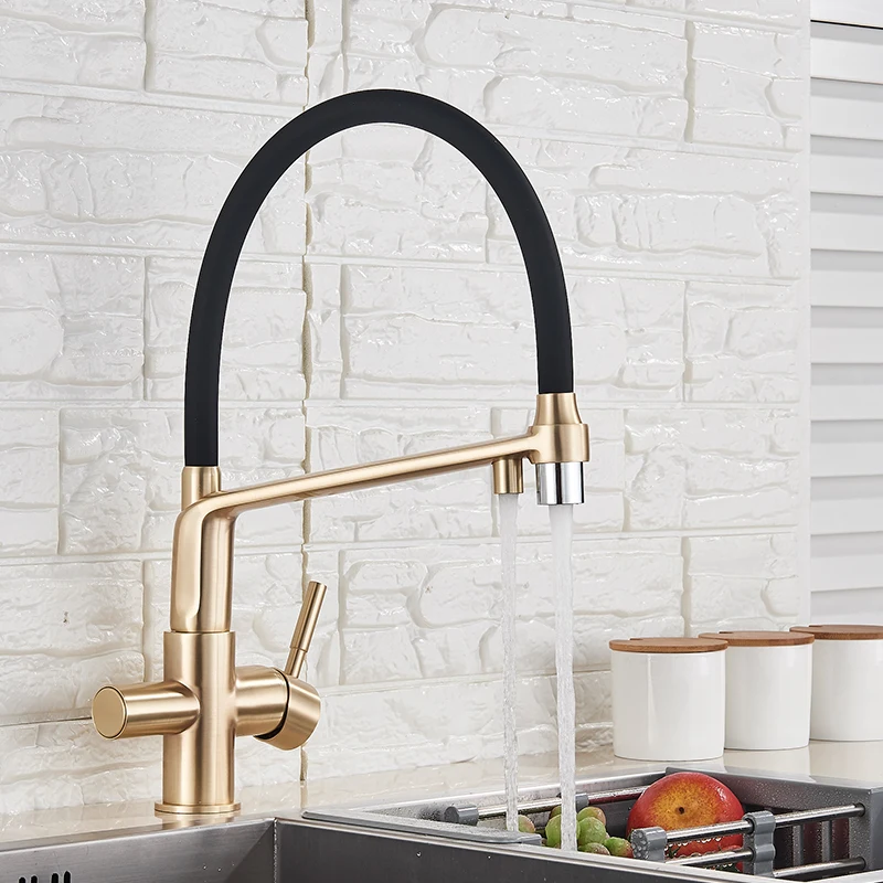 

Brushed Gold Kitchen Faucet Filtered Water Dual Spout Purification Feature Tap 360 Rotation Crane For