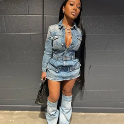 Denim Mini Dress 2 Piece Skirt Sets Women Sexy Cargo Pocket Dress Y2K Jean Two Piece Sets Outfit Fall Winter Clothes 2023