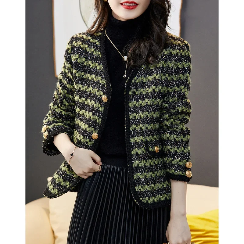 

A Single Breasted Trench Coat 1 Fashion Autumn Spring Women's Clothing Long Sleeve Woolen Plaid Overcoat Jackets