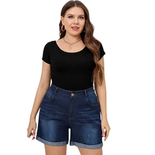 

2022 Summer Plus Size 5XL High Waist Denim Shorts Women Casual Solid Wide Leg Loose Jeans Short Pants Bottom Pocket Blue Trouser