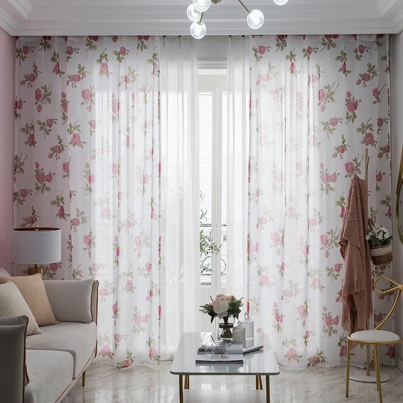 

European Luxury Simple Rose Print White Tulle Screen Sheer Curtains for Living Room Bedroom Dining Window Decor Elegant 1pc