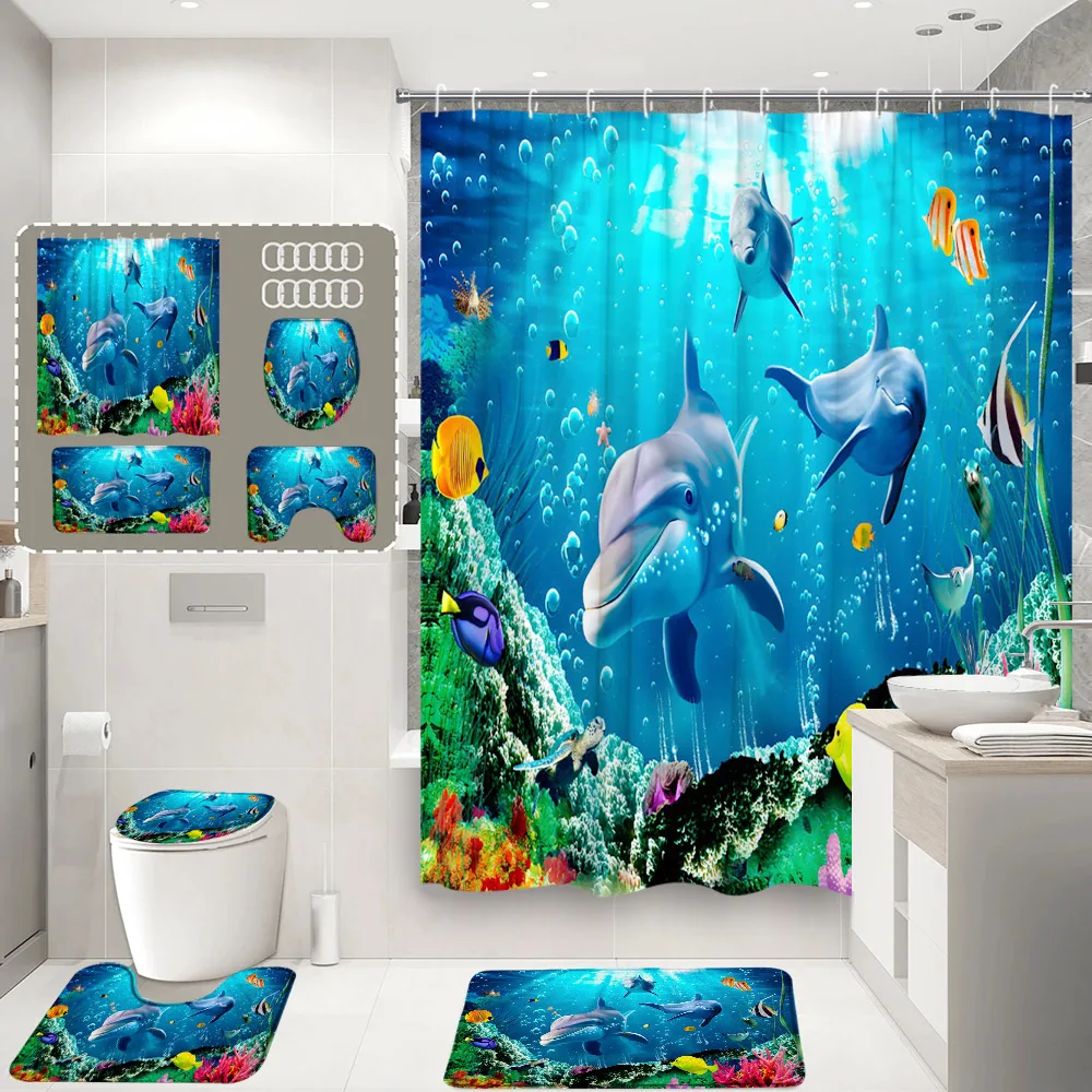 

4Pcs Ocean Animal Cartoon Shower Curtain Underwater World Whale Turtle Fish Nautical Bathroom Set Toilet Cover Bath Mat Carpet