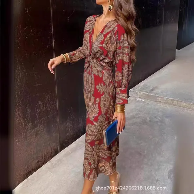 Vestido de manga larga con cuello en V para mujer, vestido elegante con estampado Retro OL, moda de primavera y verano