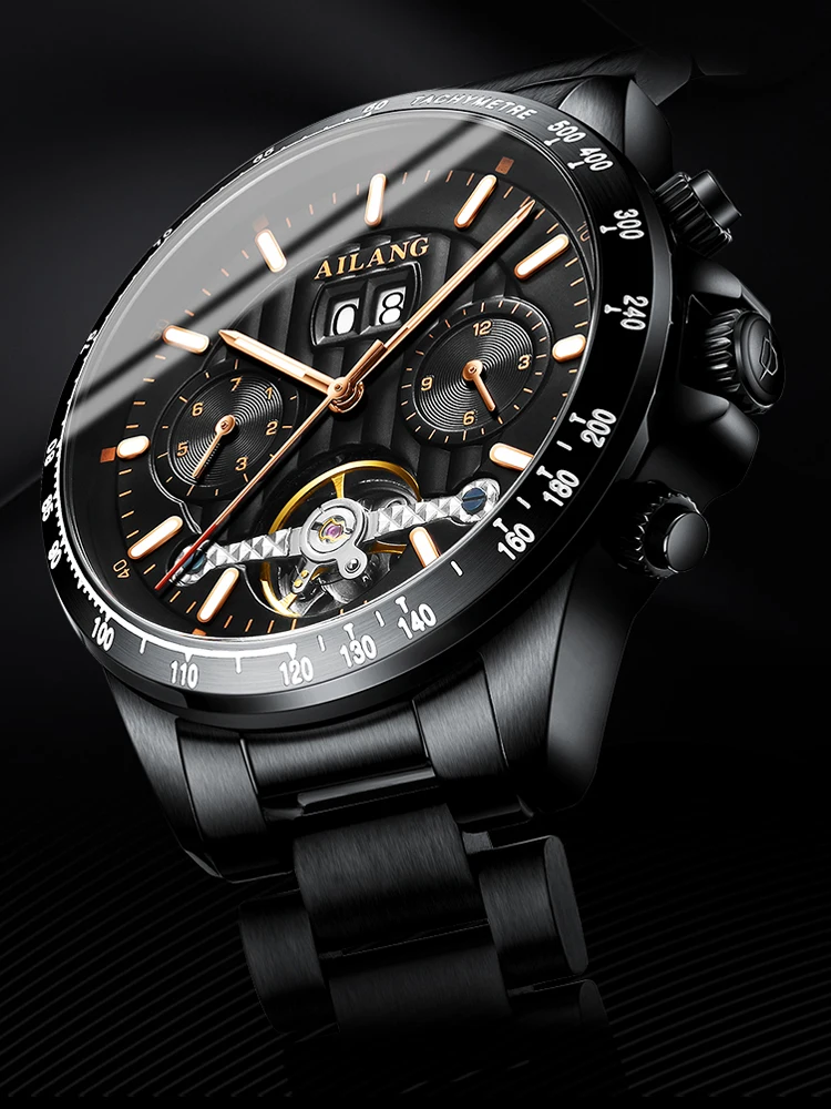 

AILANG Men's Tourbillon Mechanical Watches Waterproof Automatic Self-Wind Skeleton Watch Men Black Steel Relojes Hombre Dropship