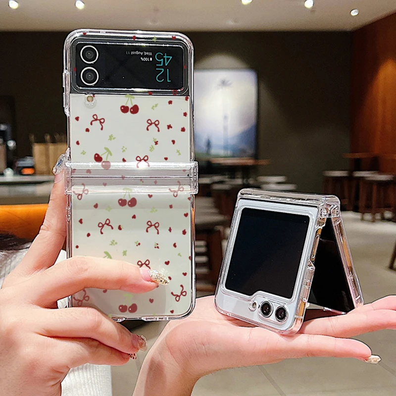 Clear Folding Phone Case with Cute Cherry Pattern - Durable PC Hard Cover