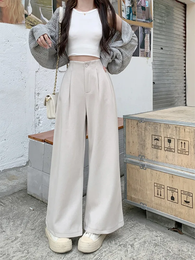 High Waisted Casual Suit Pants Women In Autumn Solid Black White Small Stature Loose Fit, Wide Leg Pants Women