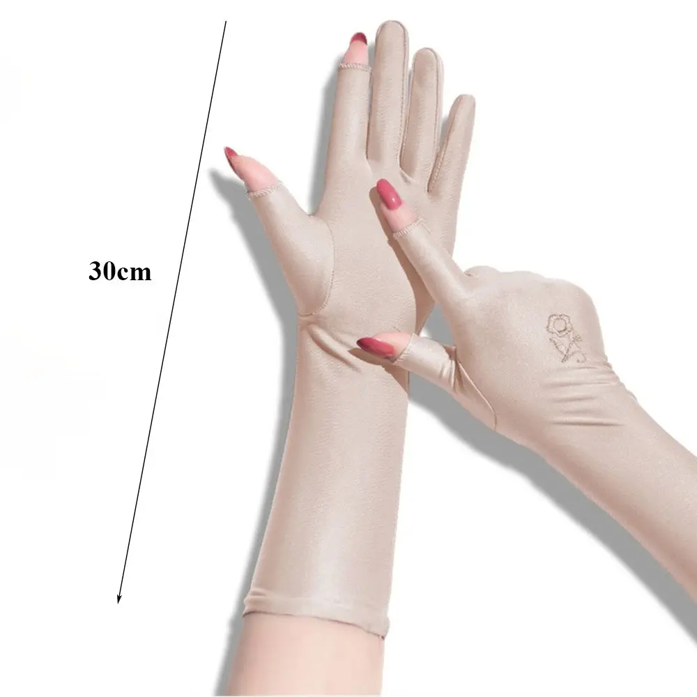 Women Girls Mid-long Sunscreen Gloves Summer Spring Thin Elastic Anti UV Driving Gloves Slip Resistant Etiquette Gloves