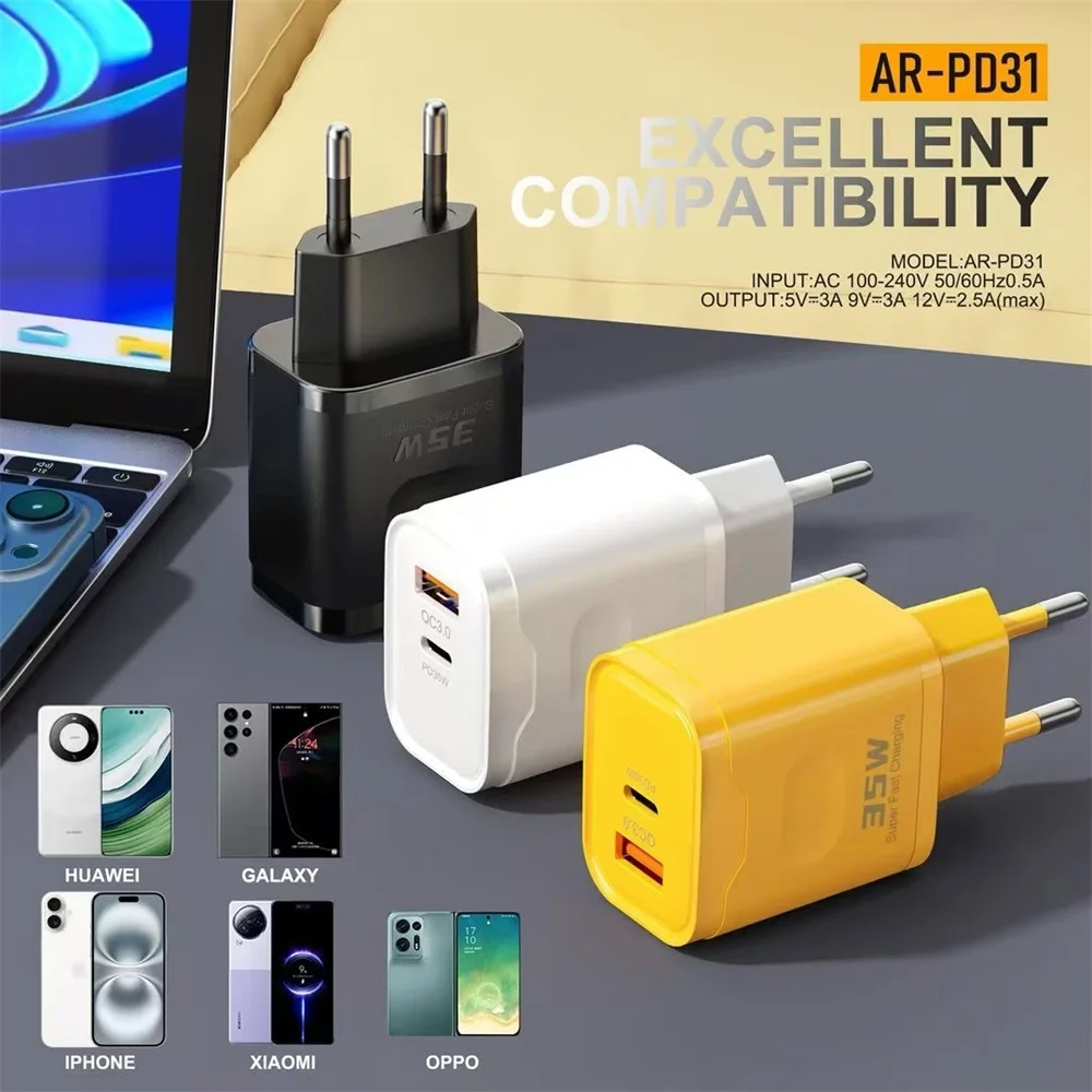 USB PD 35W Charger USB C Fast Charging Dual Ports Adapter For Phone Type C Quick Charge 3.0 Wall Power Adapter For iPhone Xiaomi