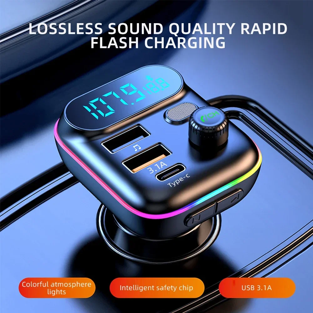 QC3.0 PD 25W Car Charger Fast USB Type C Car Bluetooth 5.0 FM Transmitter Colorful Handsfree Kit Mp3 Player Support TF Card
