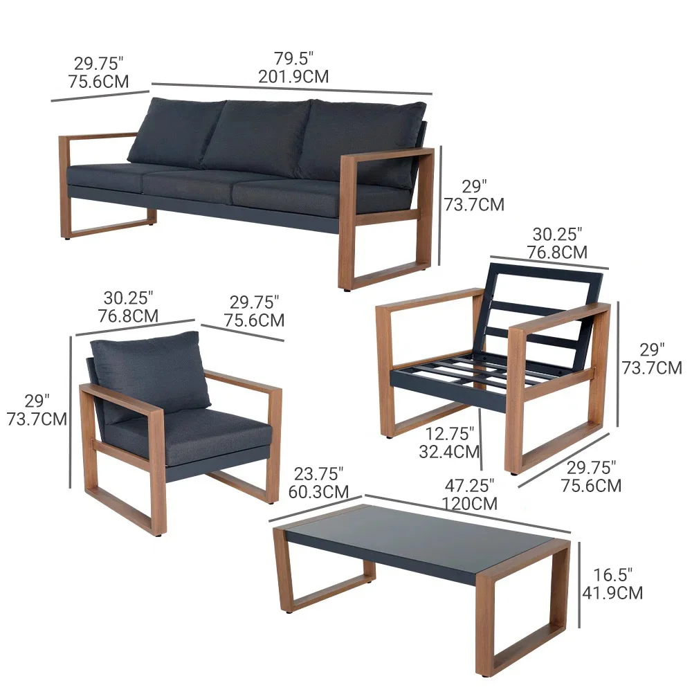 Outdoor 4-Piece Modern Furniture Sets,5 Person Conversation Set, Faux Wood Grain Finish Frame Sofa with Olefin Thick Cushions