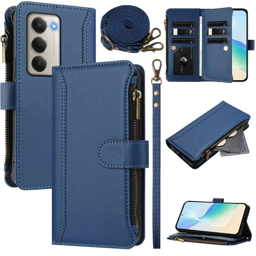 Luxury Crossbody Zipper Leather Flip Wallet Case - 9-Card Holder