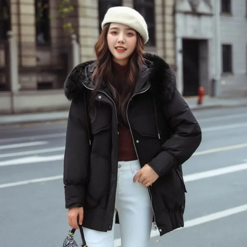 2024 New Women Down Jacket Winter Coat Female Mid Length Version Parkas Loose Slim Fit Thick Outwear Hooded Fur Collar Overcoat