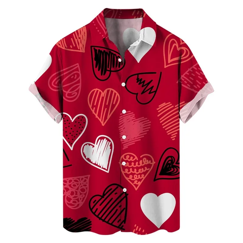 Camisas con botones para el día de San Valentín con estampado 3D para hombre, camisas casuales de verano de manga corta con cuello extendido para la playa, camisas de moda para hombre