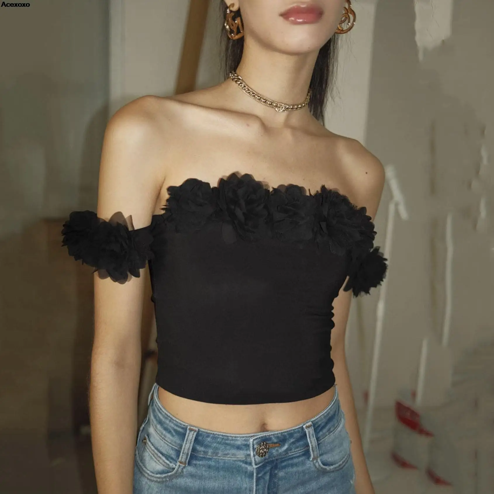 

Summer new women's fashion casual temperament senior floral decoration line shoulder French sexy waist top