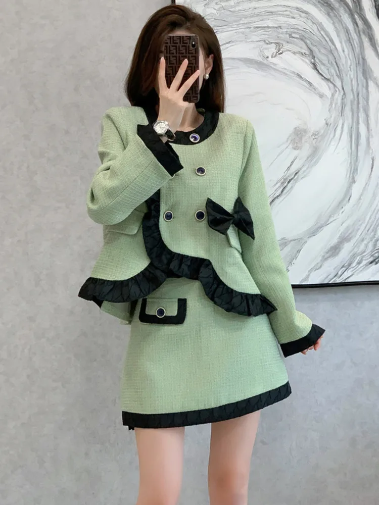

Autumn 2023 New Small Fragrant Style Fashion Temperament Double Breasted Ruffles Coat + Mini Skirt Tweed Two Piece Set For Women