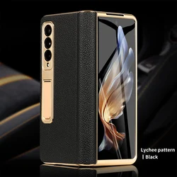 Elegant Leather Phone Case with Gold Plating and Magnetic Hinge Stand, Includes Mirror Film for Galaxy Z Fold 6 (Lychee grain black)