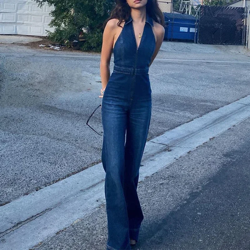 2024Fashion Sexy Women Denim Jumpsuit Slim Fit Zipper Sleeveless V-neck High Waist Jumpsuit Female Summer Street Retro Bodysuit