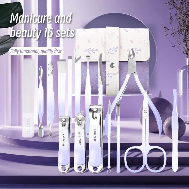 12/16Pcs Household Multi-Functional Stainless Steel Ear Spoon Nail Clippers Pedicure Nail Scissors Tool Set With Folding Bag Man 6