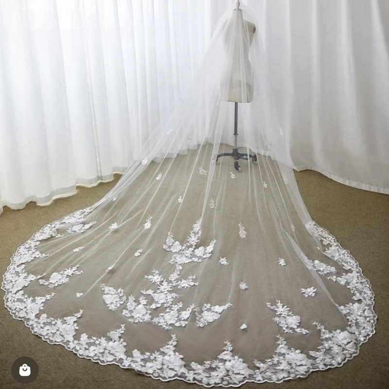 4m Cathedral Length Wedding Veils with Lace Applique Edge Veils One Layer Custom Made Bridal Veil with Comb Velo De Novia