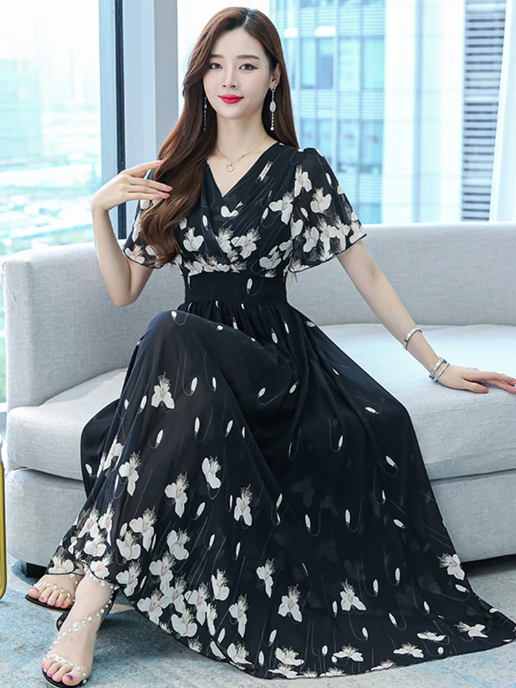 

Women Black Long Dresses Summer 2023 Fashion Beach Tunics Chiffon Floral Boho Clothing Elegant Vintage Chic Party Evening Dress