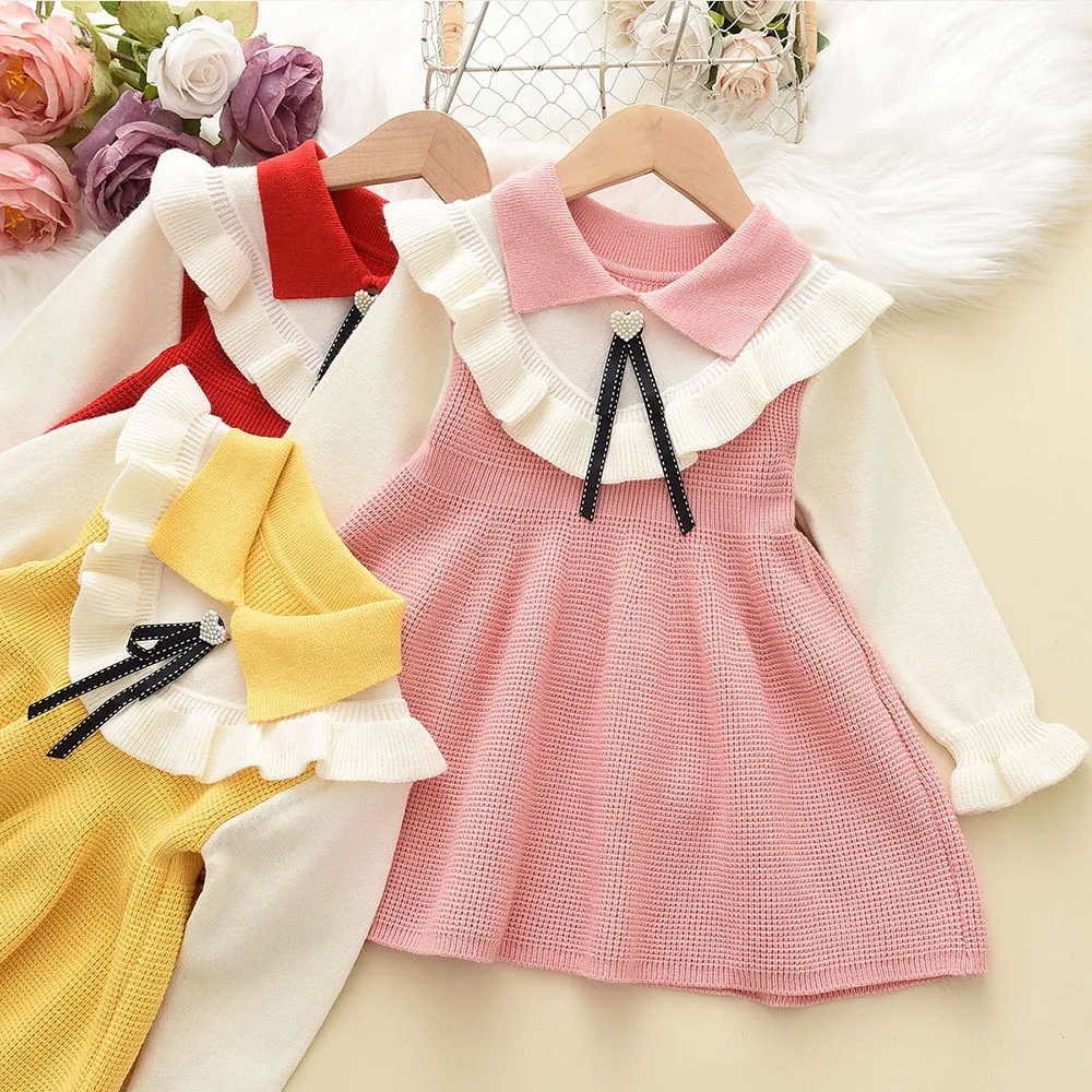 

Winter New Girls Dress Long Sleeve Turn-down Collar Ruffles Red Cute Designer Girls Princess Dress Vestido 18M-7T