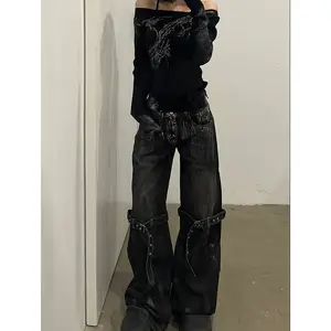 Women Black Y2k Style Baggy Denim Shorts Wide Leg Short Pants