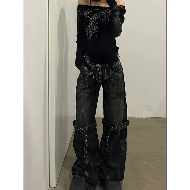 Jean noir taille haute pour femmes, pantalon droit Hip Hop à la mode, Streetwear Harajuku Y2K Star 2024, pantalon en Denim à jambes larges 1