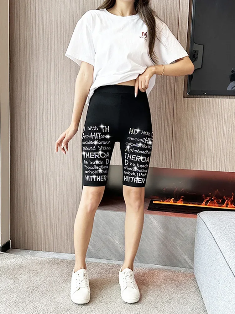 Summer New Trendy Rhinestone Cycling Shorts Women's Black Modal Knee Length Short Leggings Slim Skinny Gothic Punk Sport Shorts