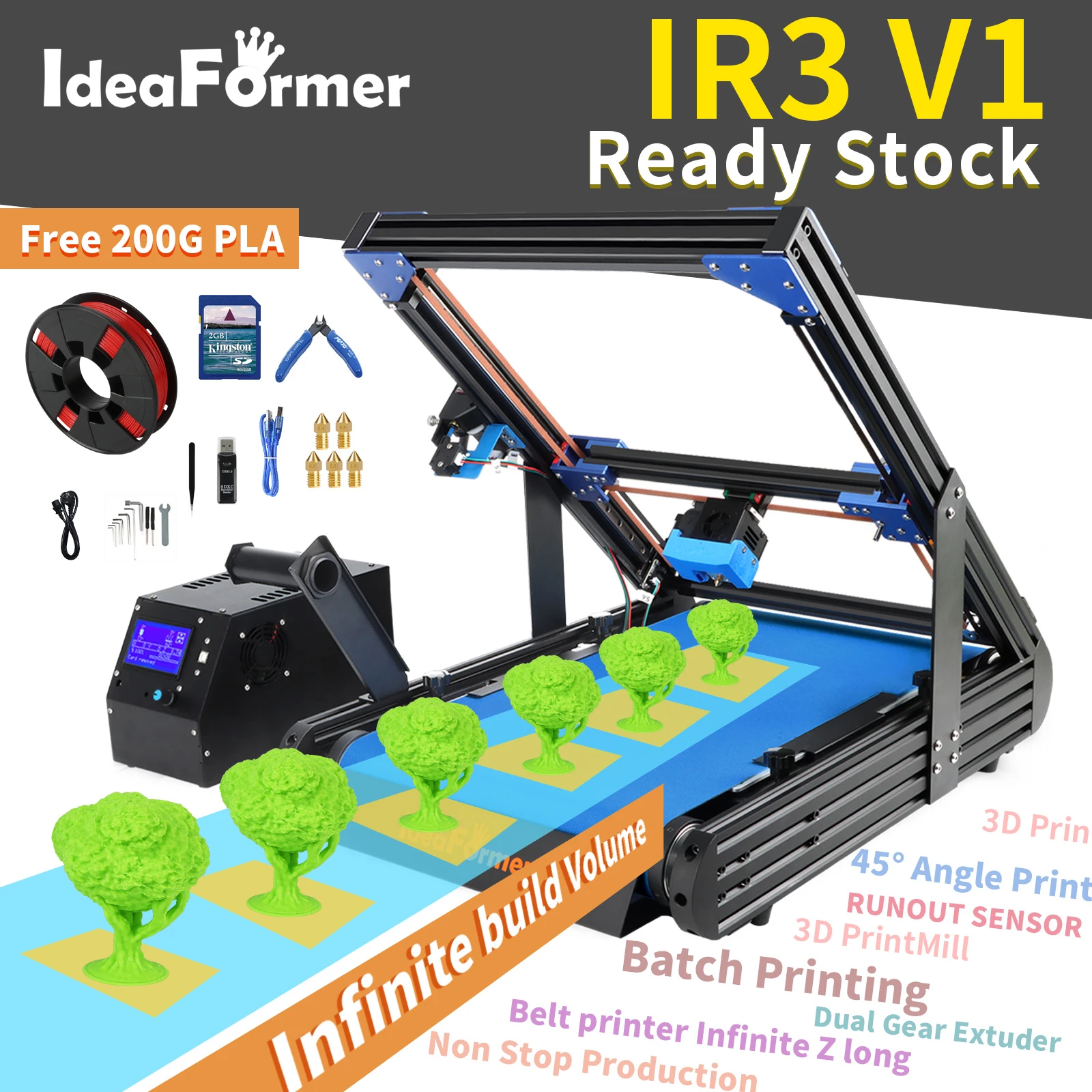 IdeaFormer IR3 V1 Conveyor Belt 3D Printer Infinite Z Axis Size 250*250*∞mm Dual Gear Extruder