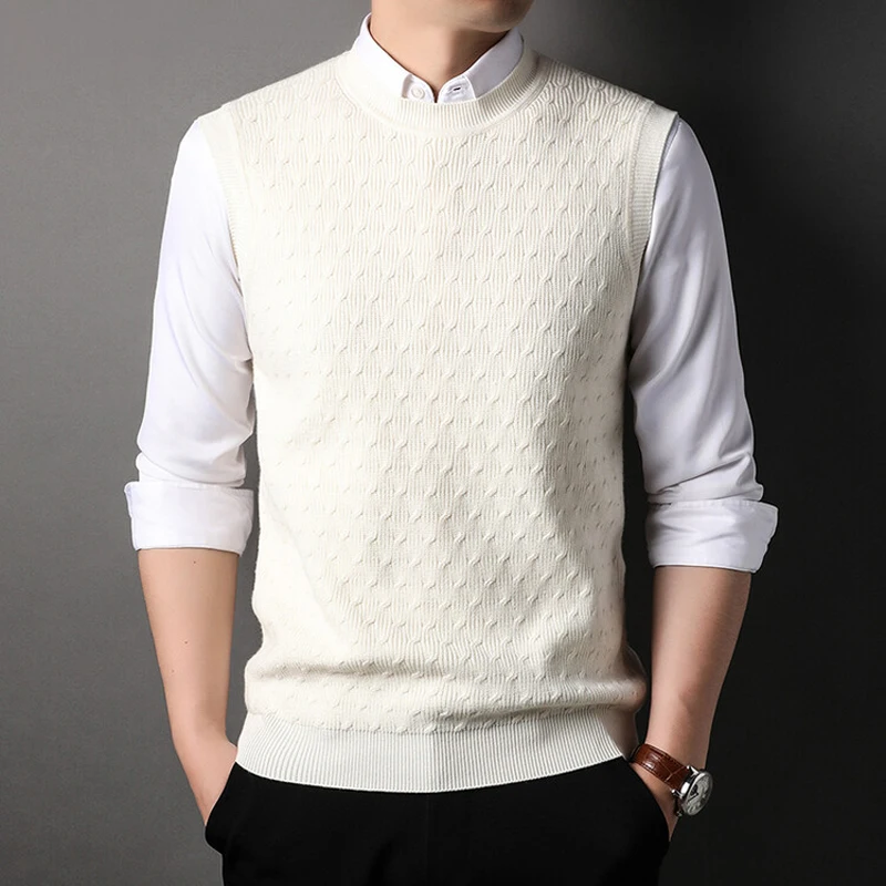 Men Wool Knit Tops Basic Sleeveless Jumpers Sweater Pullover O Neck for Autumn Winter England Style Male Young Fashion 00049