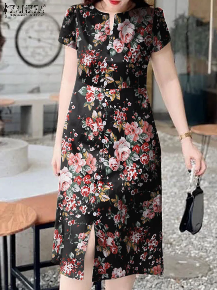 

ZANZEA Women Elegant Slit Fornt Chic Dresses Summer Sundress Casual Short Sleeve Midi Dress 2024 Summer Floral Print Beach Robes