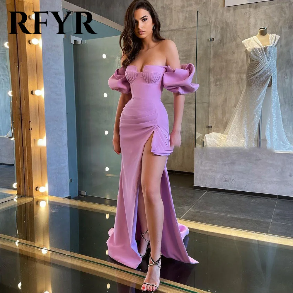 

RFYR Puffy Sleeves Lavender Prom Dress Stain Off the Shoulder Celebrity Dress Women's Evening Dress Formal Gown with Slit 프롬 드레스