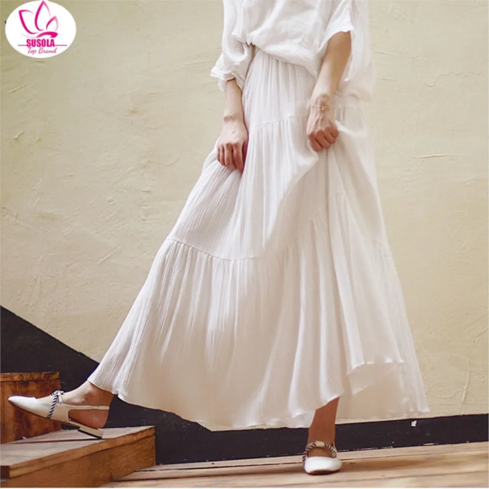 

Lady Summer New Women White Long Skirt High Waist Stretch Cotton And Linen Skirts Saia Women A-Line Skirt Faldas Jupe Femme y2k