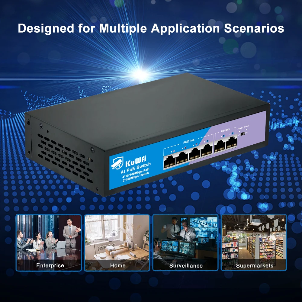 KuWFi-Switch Fast Ethernet, Estender até 250m, Câmera