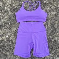 Solid Color Soft Women Gym Yoga Short Cycling Set Cross Back Gym  Bra+High Waist Short Leggings High impact shockproof Sportwear - Image 5