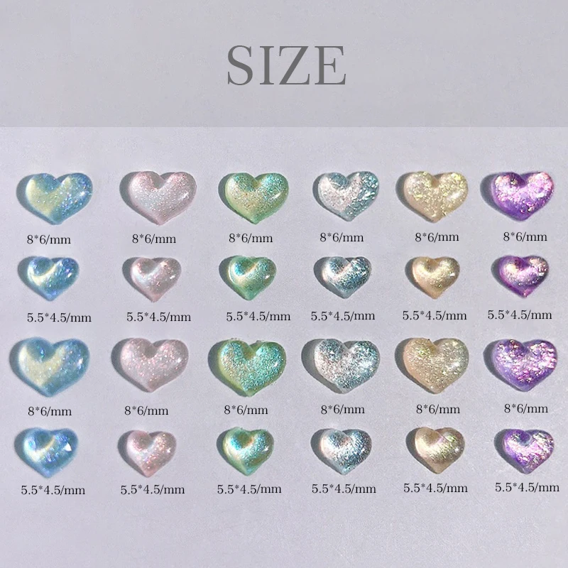 100pcs Glitter Transparent Love Heart Charms For 3D Nail Art Decoration Resin Nail Rhinestone Beads Jewelry for Manicure Design